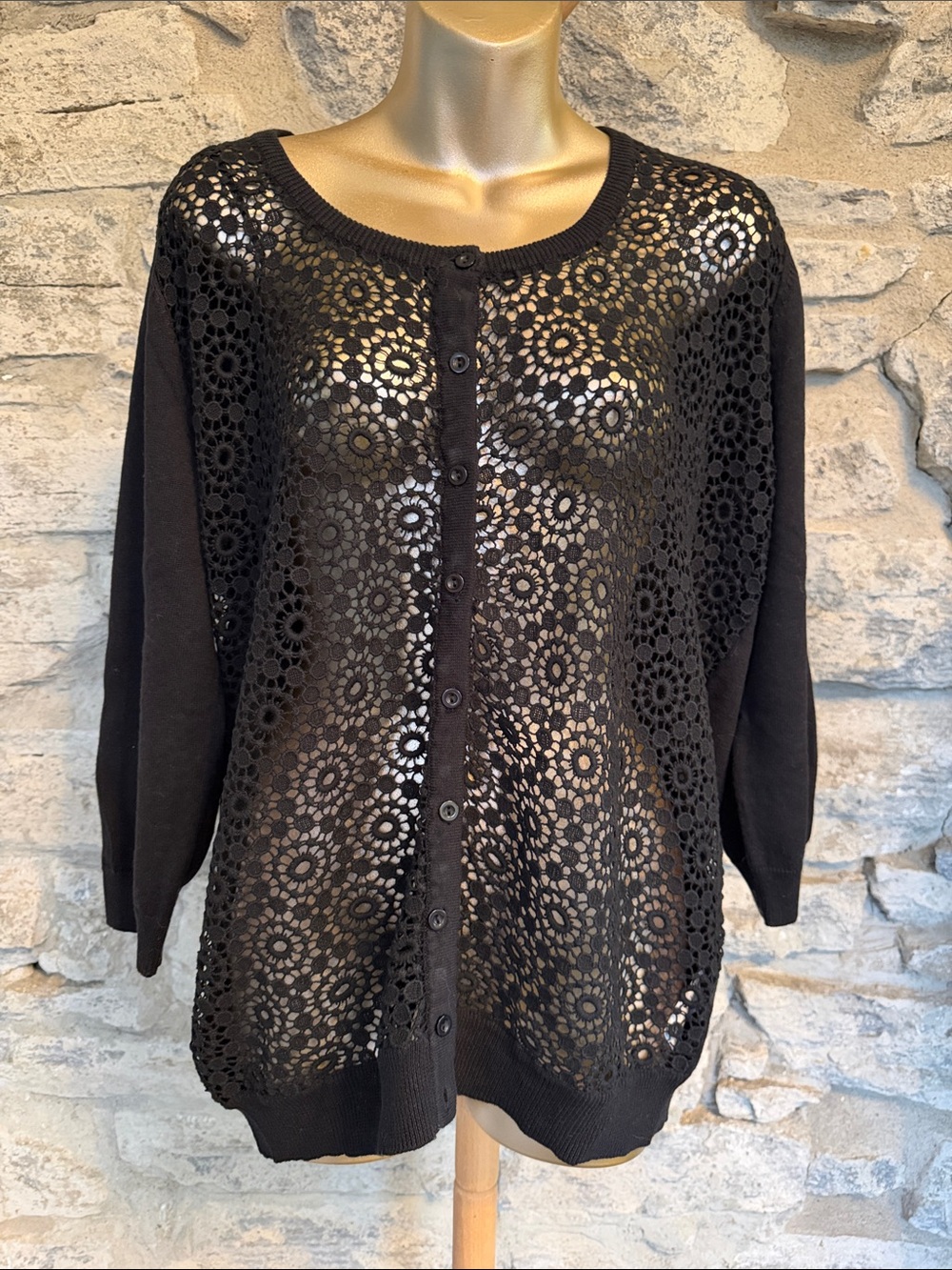 Black Crochet-Front Button Cardigan